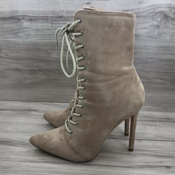 Olivia Ferguson Boots Womens 7.5 Tan Faux Suede Zip Lace Up Stiletto Heels - Picture 2 of 10
